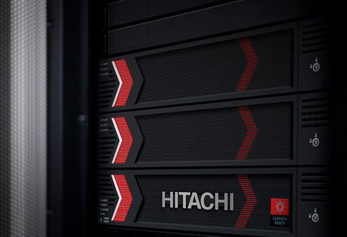 Close-up of Hitachi servers with illuminated indicators.
